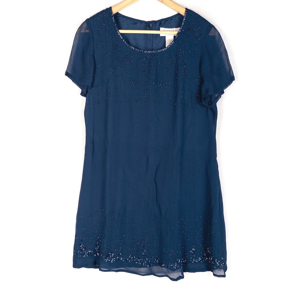 PETITE Sophisticate Dress 8 Navy Blue Beaded Sheer Layer Shift Mini Vtg 90s